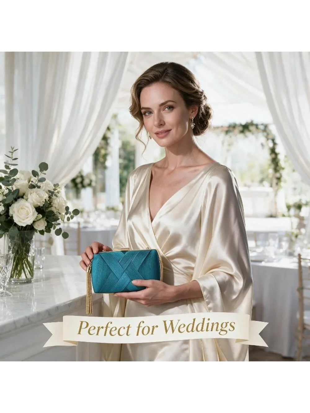 Women's Lake Blue Silk Satin Clutch Purse Pearl Tassel With Chain Evening Bag